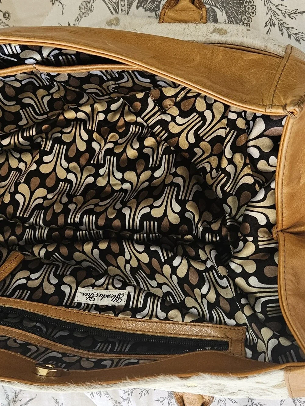 Glenda Geis Tan Leather & Cream Cowhide Satchel with Gold Fleck Detail